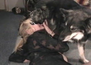 Dick-loving hooker is blowing a dog cock