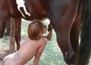 Short-haired girl knows how to suck a horse